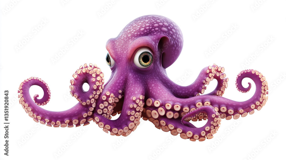 Fototapeta premium A cartoon octopus with large eyes and curled tentacles isolated on a white background looking forward