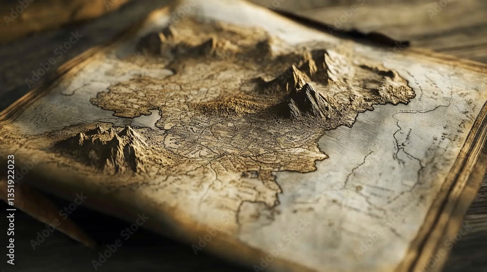 Obraz premium Detailed 3D topographical map with hand-drawn features on vintage paper with mountains