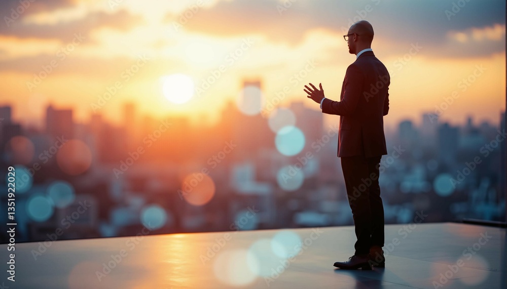 Fototapeta premium A confident public speaker stands on a stage with a blurred cityscape behind them, soft pastel hued geometric patterns blending into the background.