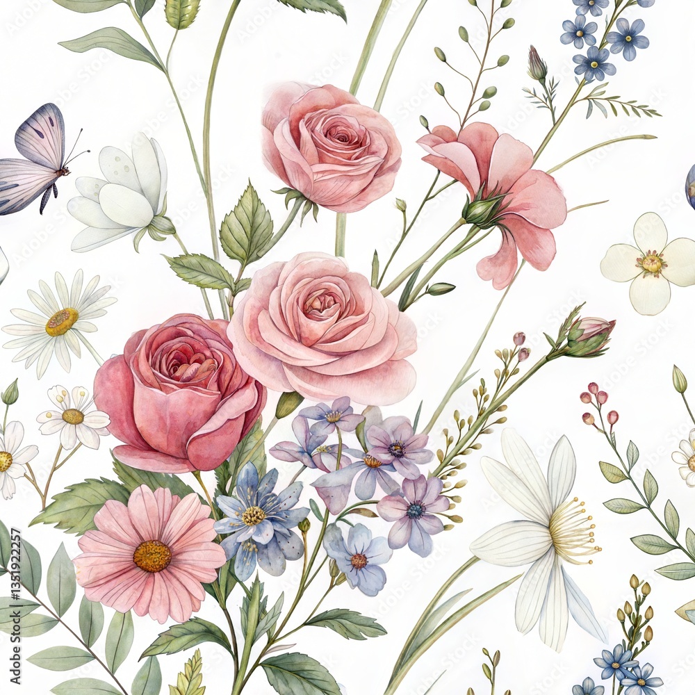 Fototapeta premium Seamless floral pattern featuring a variety of flowers, designed in a watercolor style. (Flower)