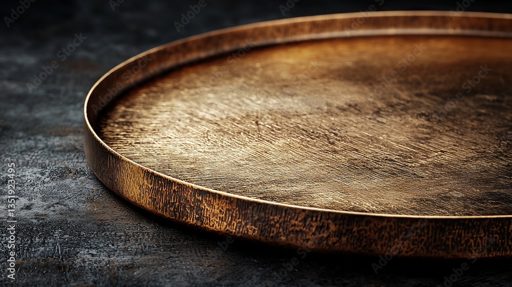 Obraz premium Rustic bronze round tray on dark background.