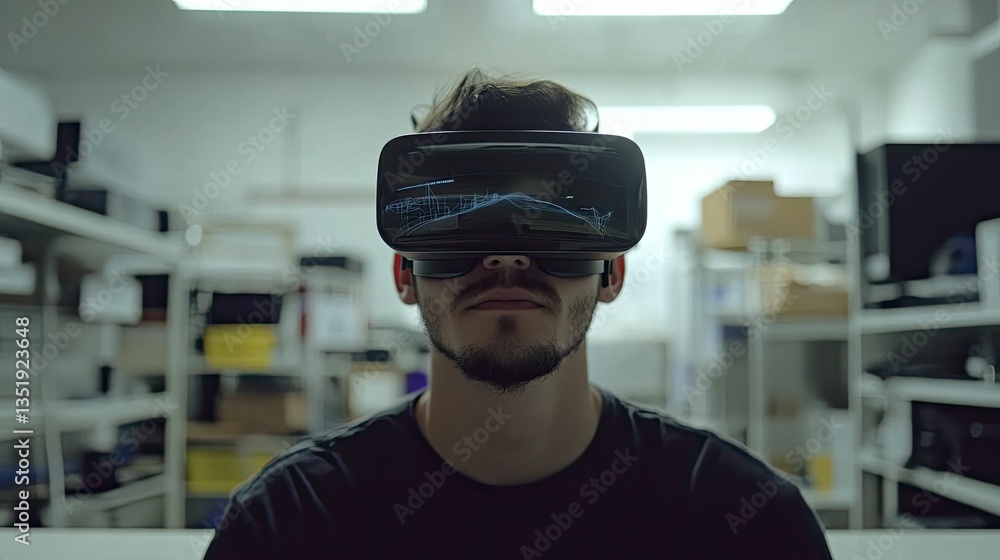 Bearded man wearing headset, viewing digital data. Bearded man wearing headset, viewing digital data.
