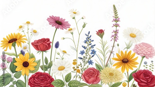 A variety of summer garden flowers arranged in a floral border design, isolated on white. (Flower)