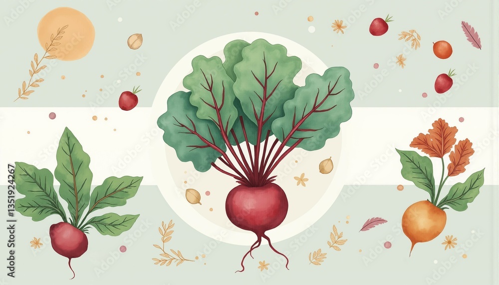 Intricately crosshatched watercolor beets, kale, whole grains, and dew-kissed water within hand-drawn circular frames in soothing pastel hues. Intricately crosshatched watercolor beets, kale, whole grains, and dew-kissed water within hand-drawn circular frames in soothing pastel hues.