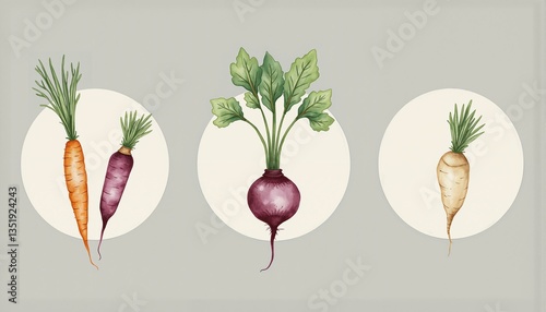 Delicate watercolor illustrations of carrots, beets, turnips, and parsnips in soft pastel hues set within white circles on a gray background with subtle texture.