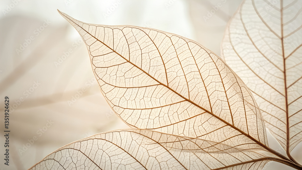 Obraz premium A soft, neutral-colored aesthetic photograph featuring the intricate veins of a leaf. The delicate lines create a natural abstract pattern, resembling the gentle curves of flower petals. The compositi