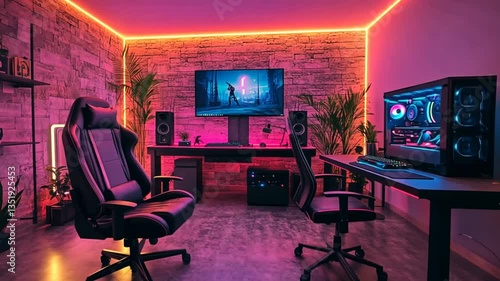 Modern gamer's room with neon lighting.  Gaming setup with vibrant colors. Possible use Stock photo for interior design, tech, or lifestyle