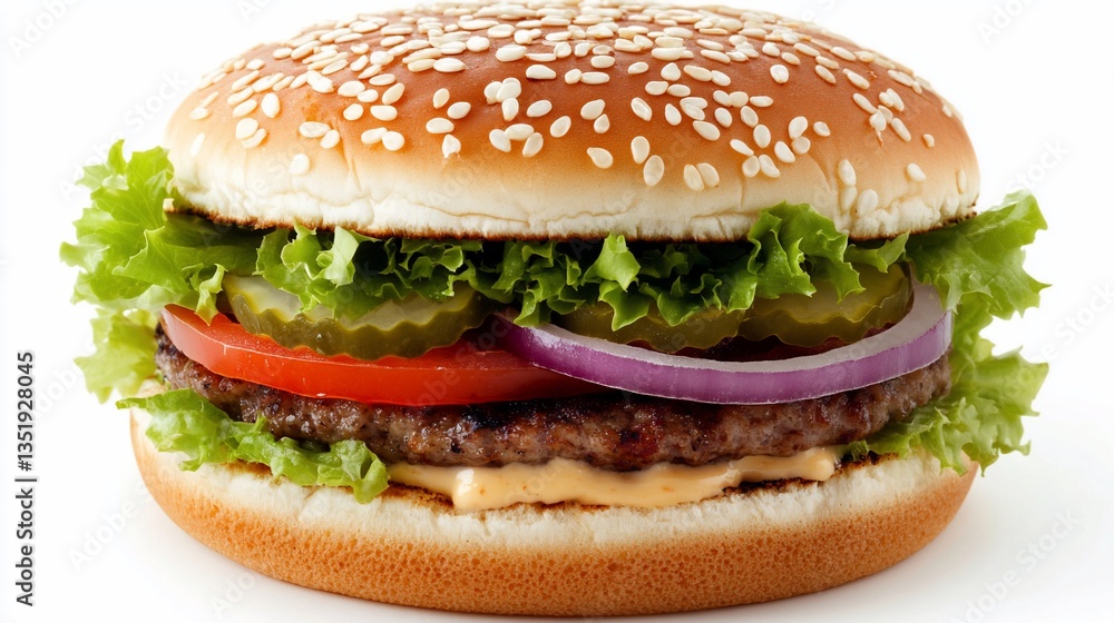 A closeup of a hamburger on a white background shows a juicy patty and fresh toppings A closeup of a hamburger on a white background shows a juicy patty and fresh toppings