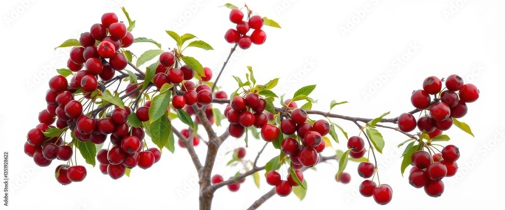 Fototapeta premium A solitary sour cherry tree, branches laden with dark red fruit, set against a pure white backdrop, dark red cherries, ripe, tree