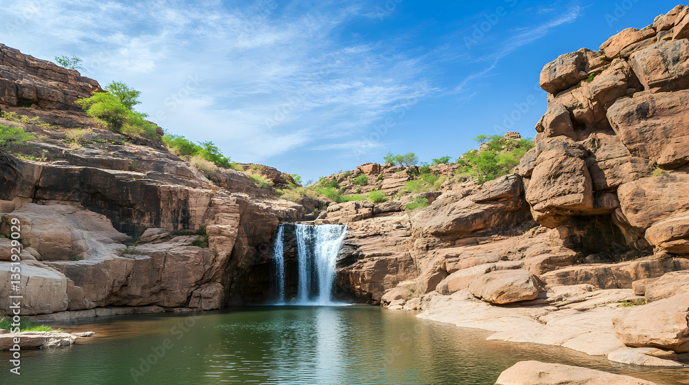 Naklejka premium Serene waterfall cascading into a rocky pool, desert landscape background. Perfect for travel brochures