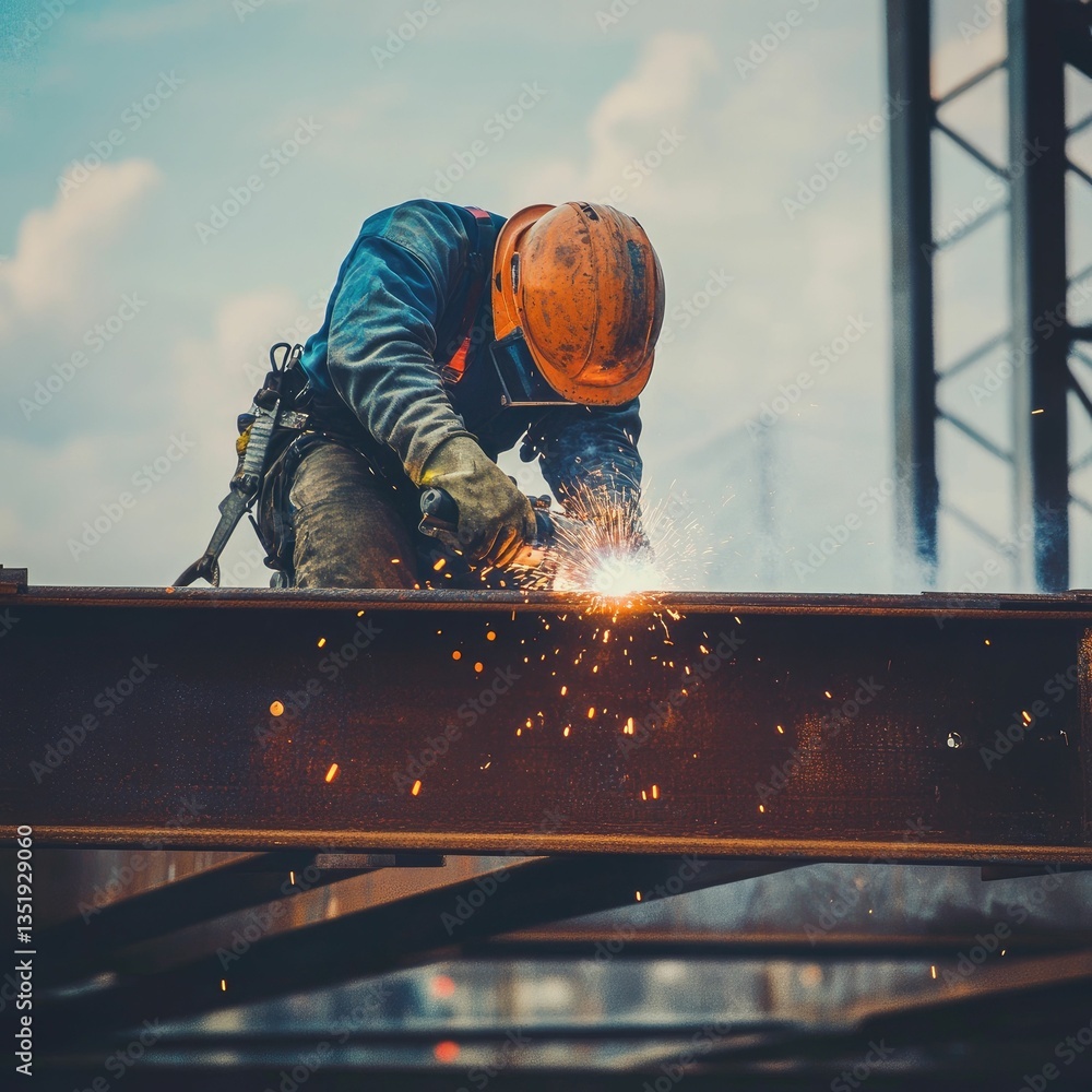Worker welds metal beam, sparks fly. Worker welds metal beam, sparks fly.