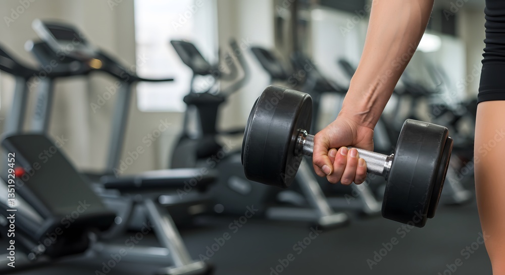 Close up of person holding dumbbell in gym with exercise equipment in the background out of focus Close up of person holding dumbbell in gym with exercise equipment in the background out of focus