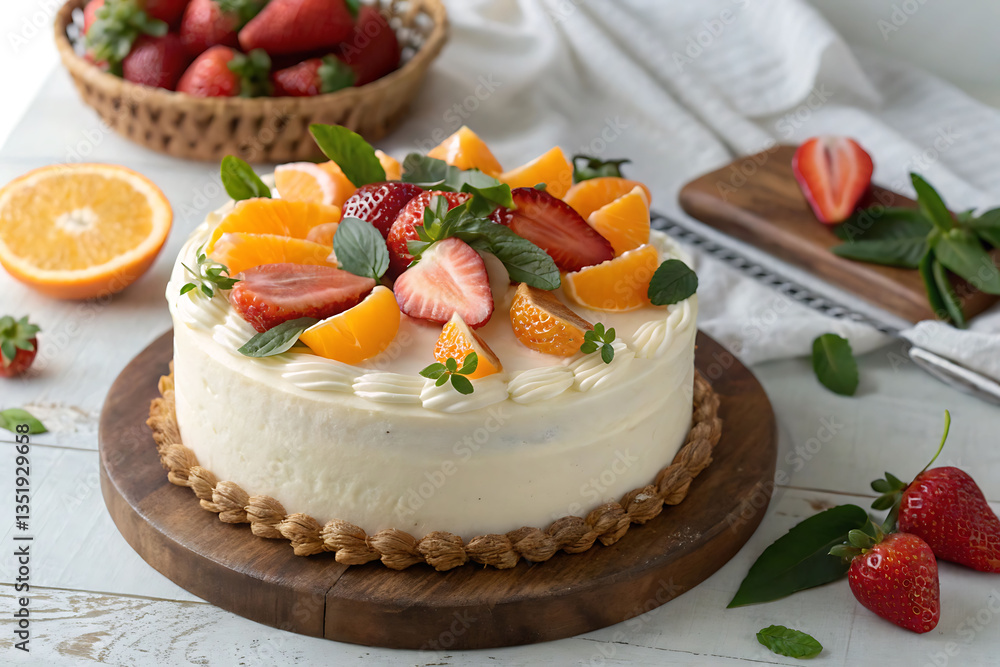 A beautifully decorated round cake with white frosting, topped with fresh fruits including whole and sliced strawberries A beautifully decorated round cake with white frosting, topped with fresh fruits including whole and sliced strawberries