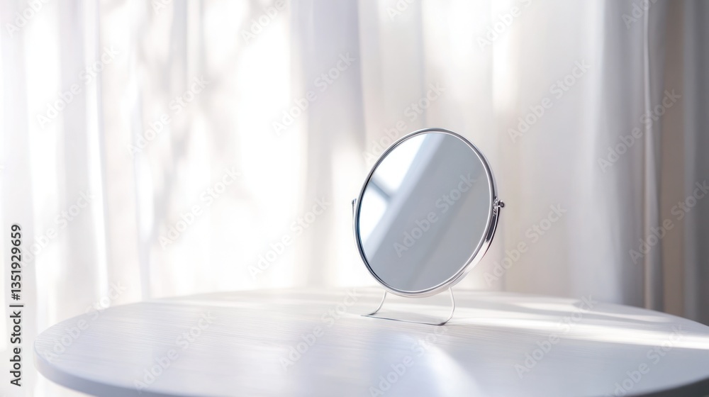 Small oval mirror on white table, soft light