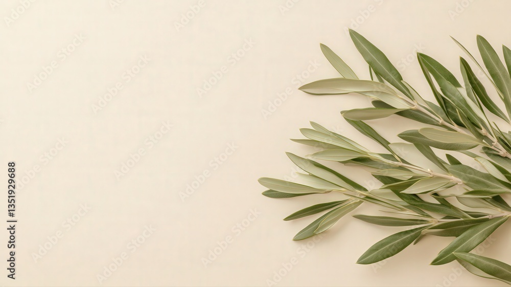 Olive Branch on Beige Background: Minimalist Botanical Flat Lay Olive Branch on Beige Background: Minimalist Botanical Flat Lay