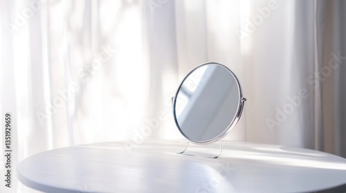 Small oval mirror on white table, soft light