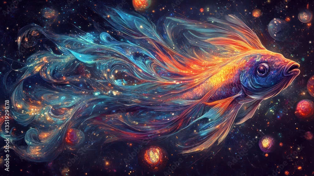 Cosmic fish with ethereal, swirling, colorful fins and tail, flying through space filled with planets and nebulae. Cosmic fish with ethereal, swirling, colorful fins and tail, flying through space filled with planets and nebulae.