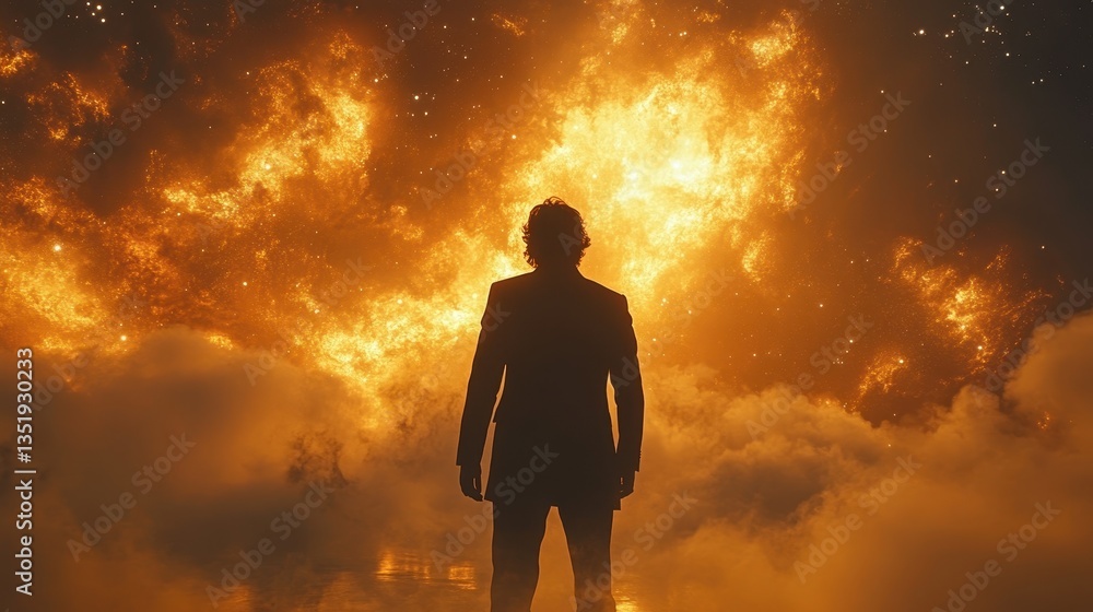 Obraz premium A man stands facing a fiery explosion in the sky