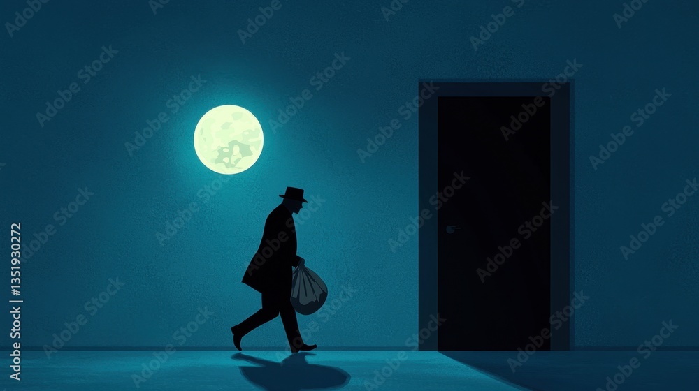 Obraz premium Mysterious Figure in Dark Alley Under Full Moonlight Walking Toward Door Carrying Bag at Night in Urban Environment with Intriguing Shadow Play