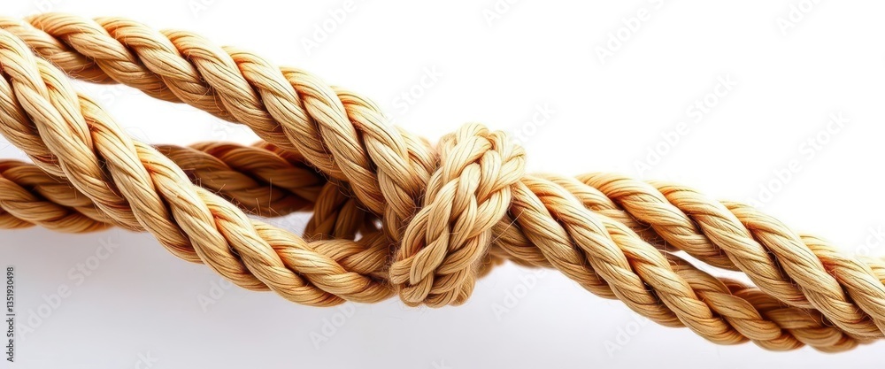 Close-up of nautical rope with a tightly bound knot isolated on white background, texture background, weave Close-up of nautical rope with a tightly bound knot isolated on white background, texture background, weave