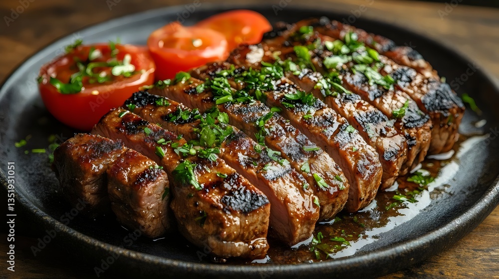 A plate of meat with a tomato on top A plate of meat with a tomato on top