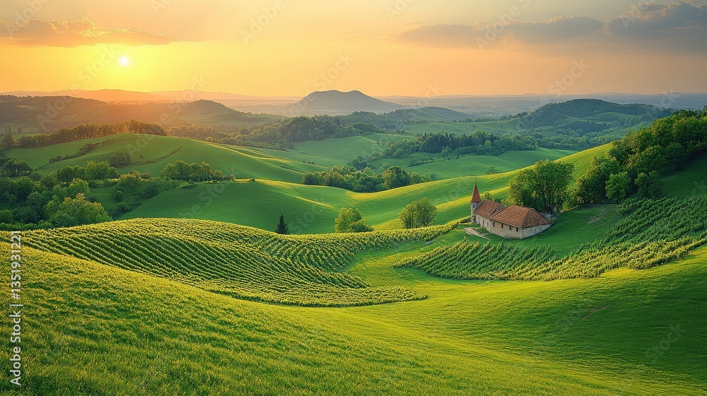 Fototapeta premium Sunset vineyard chapel, rolling hills, idyllic landscape, tourism