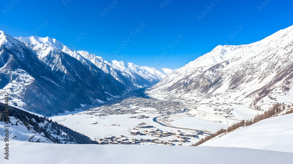 Obraz premium Snowy Alpine valley village winter panorama, clear sky background, ideal for travel brochures