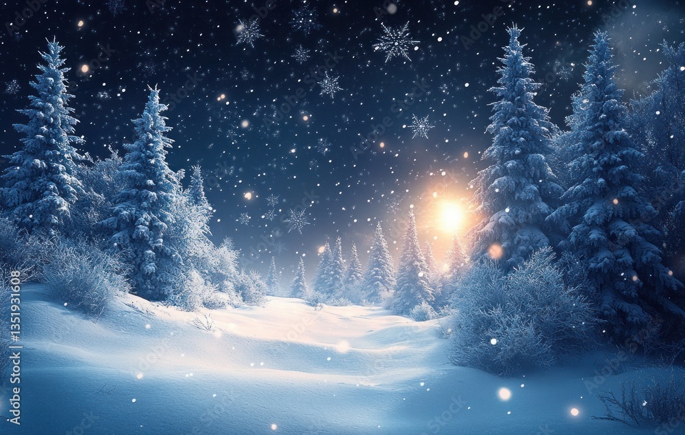 Fototapeta premium Winter Landscape with Snowy Pine Trees and Starry Night Sky for Holiday Decoration