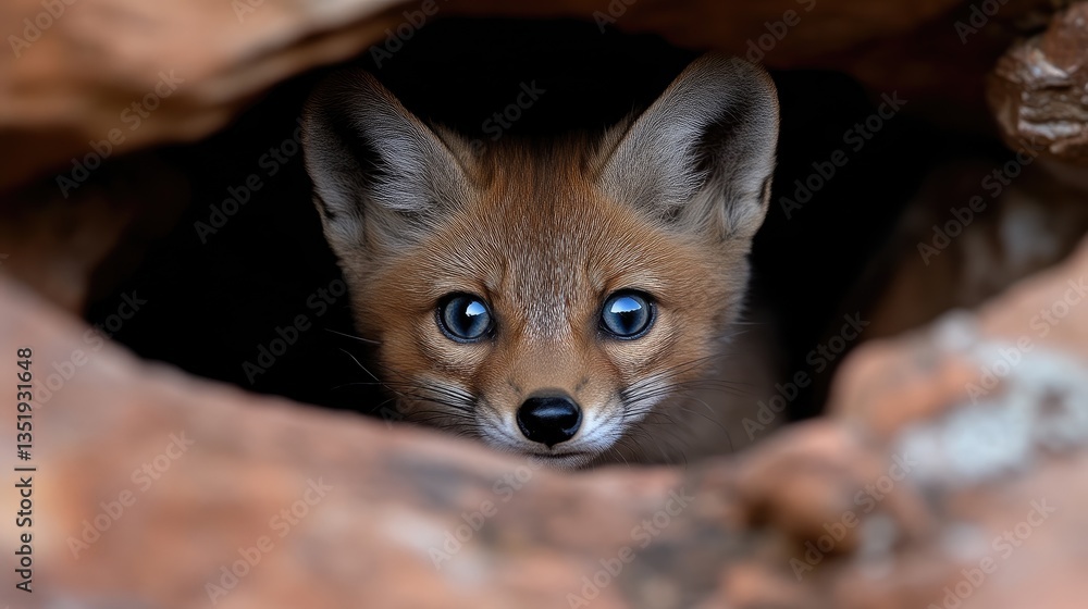 Fototapeta premium Adorable fox kit peeks from rocky den