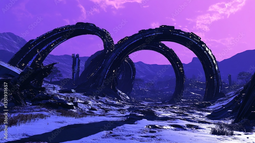 Fototapeta premium Futuristic Arches in a Snowy Purple Landscape with Distant Structures and Cloud Formations