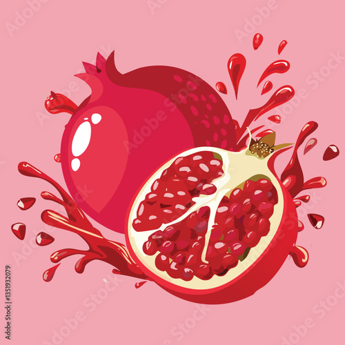 A pomegranate explodes with a dynamic splash of its ruby-red juice.