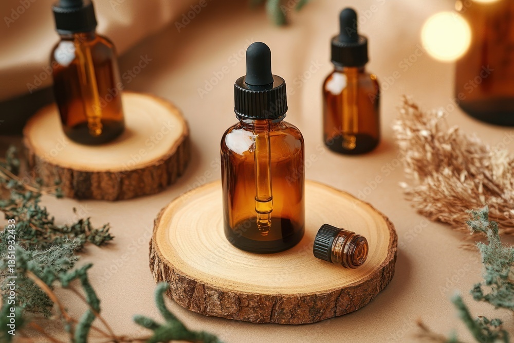 Amber Glass Bottles with Dropper Caps on Wooden Slices Natural Light Composition Amber Glass Bottles with Dropper Caps on Wooden Slices Natural Light Composition