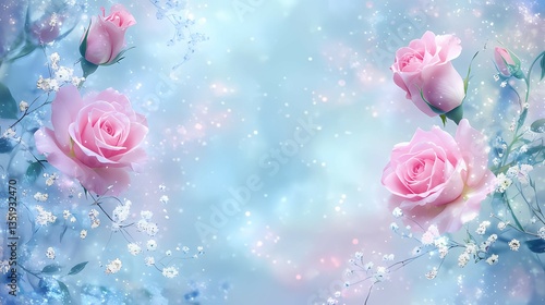 Pink Roses with Baby's Breath on Dreamy Blue Bokeh Background