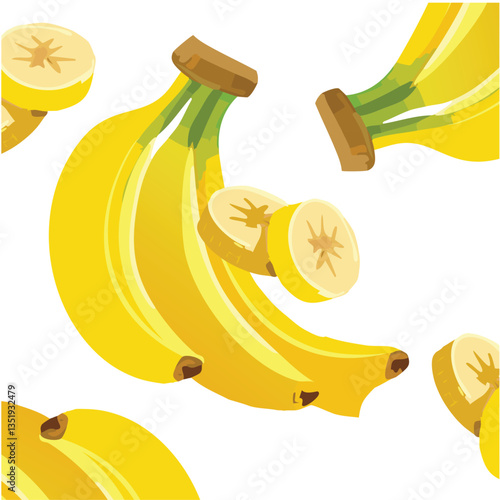 A ripe banana at the center, with fresh slices artfully arranged around it.