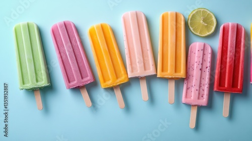 Colorful popsicles on pastel blue background minimalist summer concept