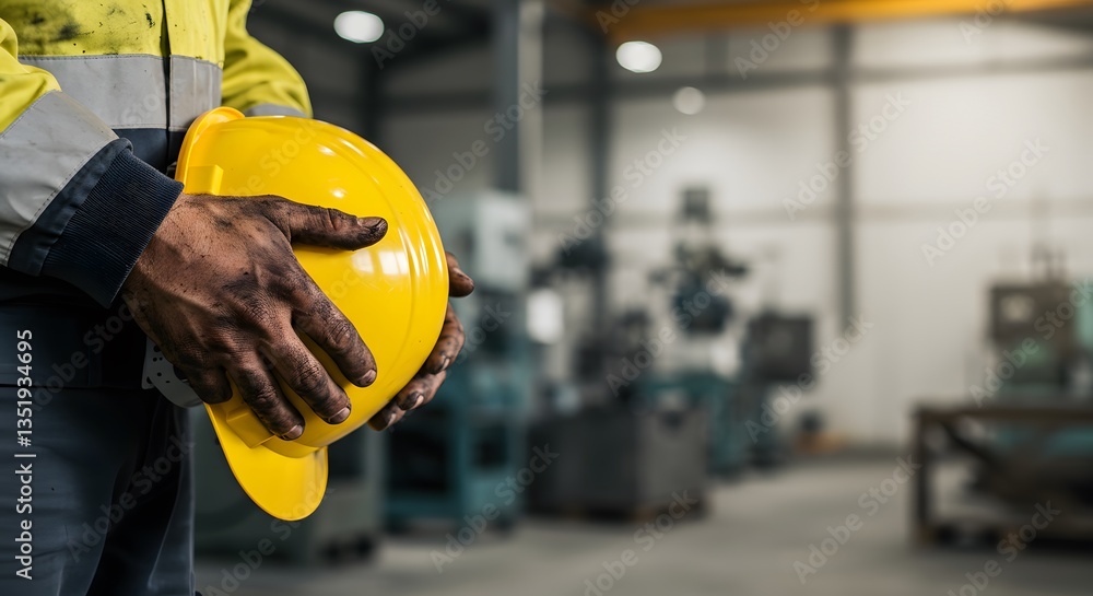 Man holding a yellow hard hat with dirty hands in a factory setting with machinery blurred Man holding a yellow hard hat with dirty hands in a factory setting with machinery blurred