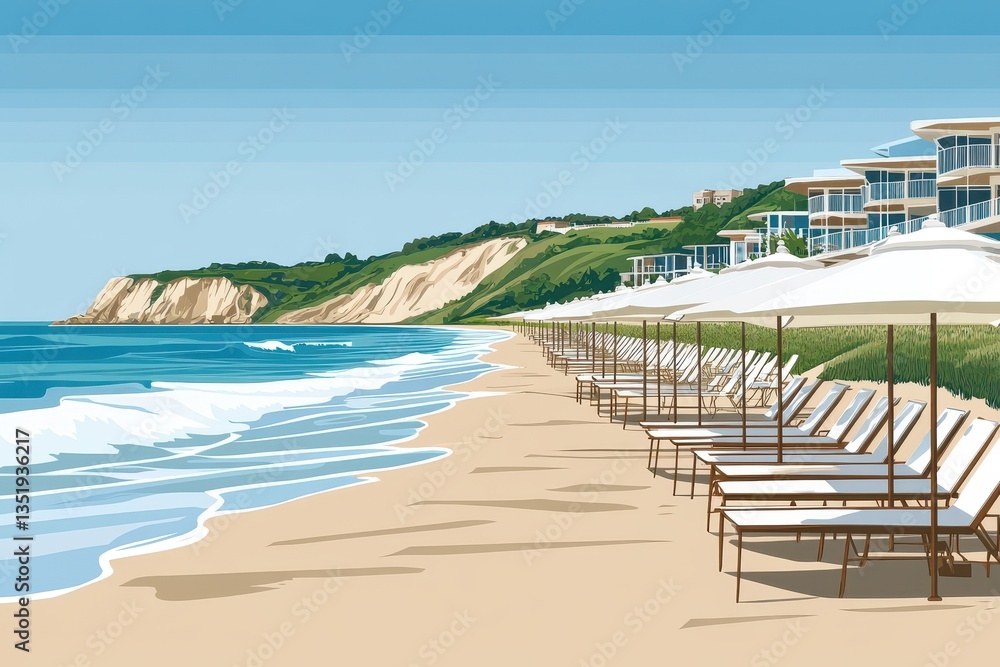 Fototapeta premium A picturesque beach scene featuring umbrellas and lounge chairs