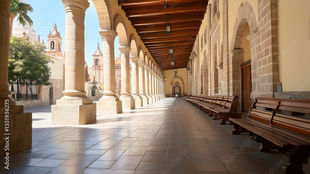 Fototapeta premium Sunlit colonnade, church courtyard, benches, Spanish architecture, peaceful waiting area, religious tourism