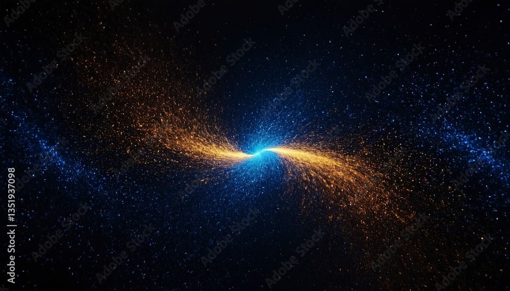 Fototapeta premium Cosmic Dust Dance: An abstract depiction of the cosmos with swirling dust particles in hues of blue and gold, symbolizing the birth of stars, galaxies, or energy.