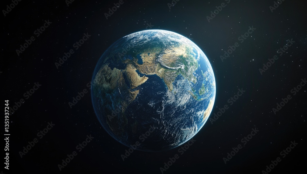 Earth from space, a detailed view of the planet. A stunning depiction of our world, bathed in starlight. Features continents, oceans, clouds, and atmospheric details Earth from space, a detailed view of the planet. A stunning depiction of our world, bathed in starlight. Features continents, oceans, clouds, and atmospheric details