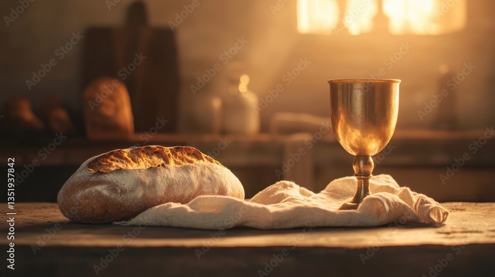 Obraz premium Rustic Table Setting with Freshly Baked Bread and Vintage Cup in Warm Light Highlighting a Cozy and Inviting Atmosphere for Culinary Scenes
