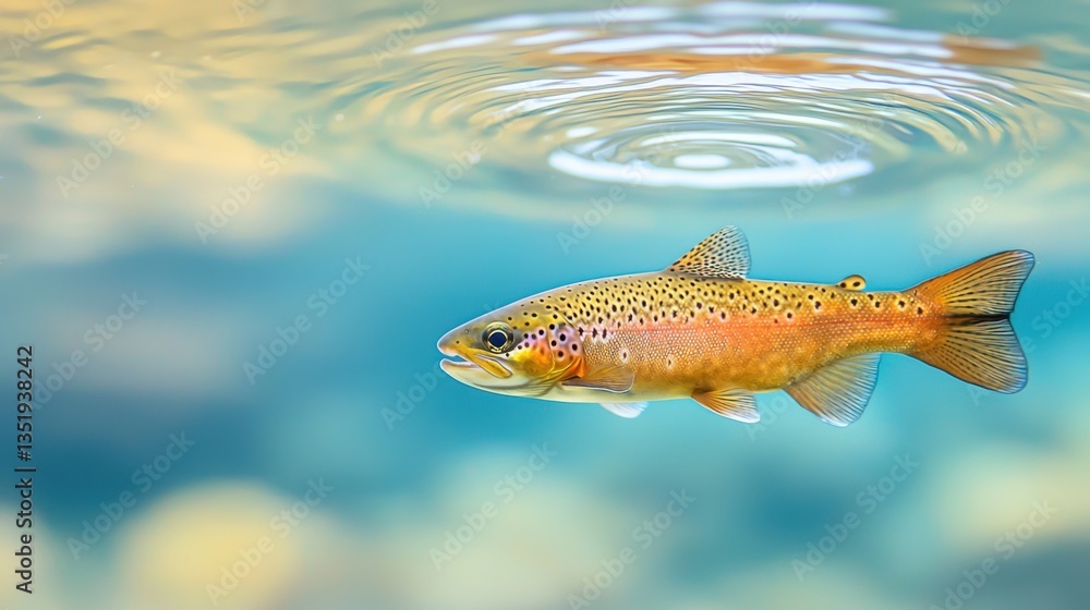 Naklejka premium Brown trout swimming gracefully in clear water with smooth ripples and soft colorful reflections, showcasing vibrant colors and intricate patterns on its body