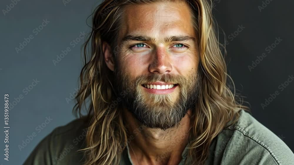 An attractive man with long hair and beard, wearing casual attire An attractive man with long hair and beard, wearing casual attire