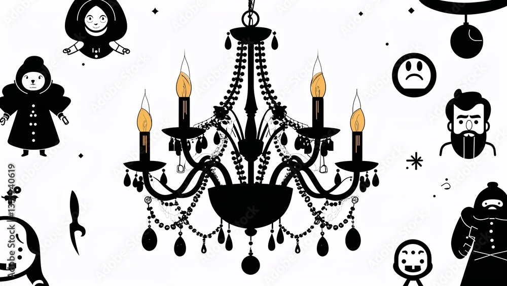 A chandelier in Black characters and objects on a white background A chandelier in Black characters and objects on a white background