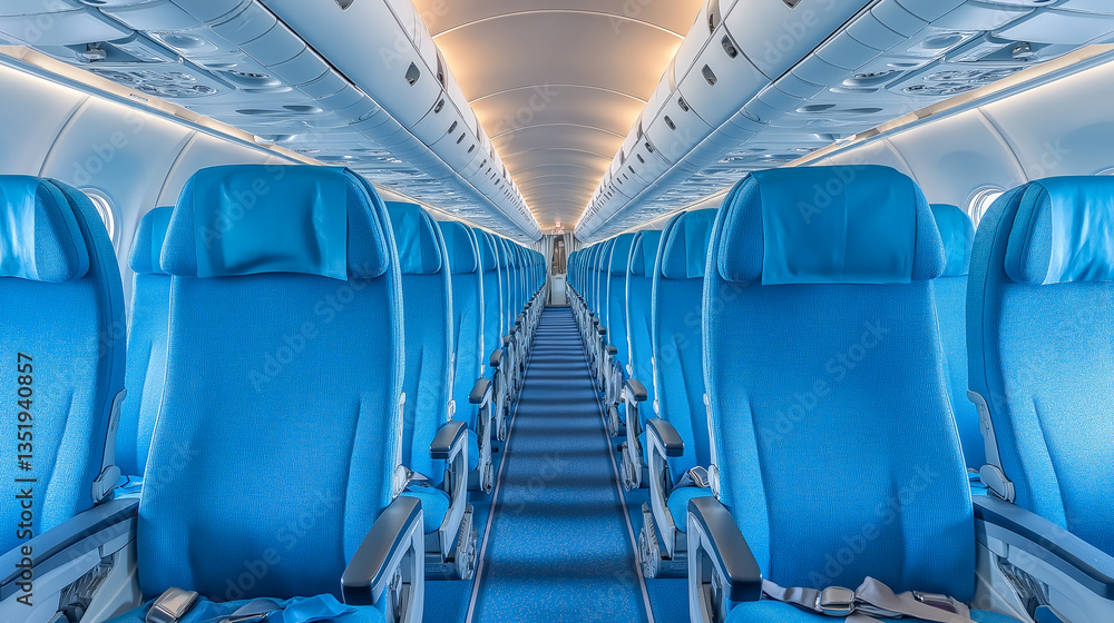 Fototapeta premium Interior of a modern airplane featuring blue seats and a spacious aisle