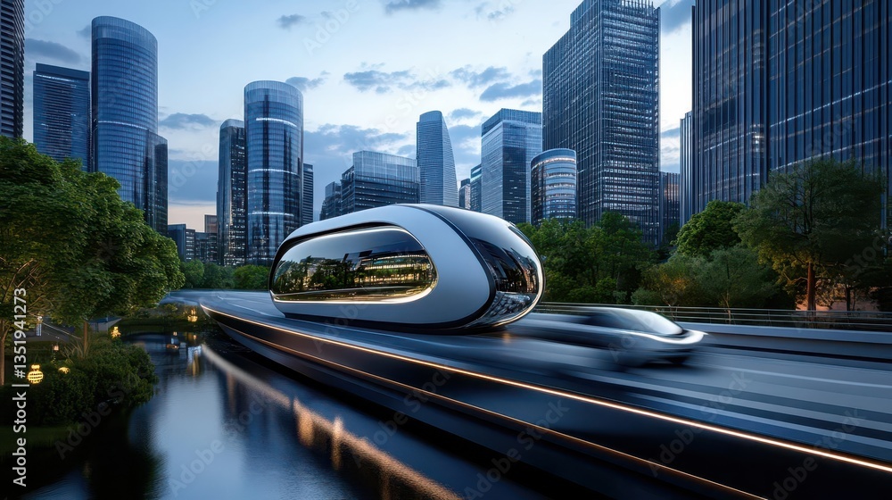 Naklejka premium Modern cityscape with skyscrapers and illuminated buildings at dusk.