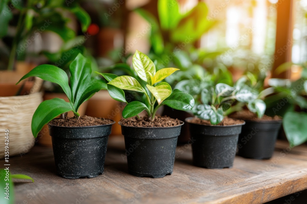 Small potted plants sit on a wooden surface, showcasing their vibrant green leaves. Sunlight illuminates the scene, highlighting their healthy growth. Small potted plants sit on a wooden surface, showcasing their vibrant green leaves. Sunlight illuminates the scene, highlighting their healthy growth.