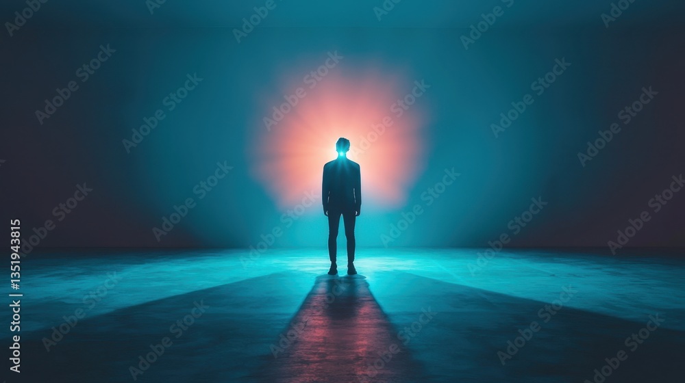 Fototapeta premium Silhouette of a Person Standing Alone in a Dimly Lit Space with Mystical Blue and Purple Light Emitting Behind Creating a Surreal Atmosphere