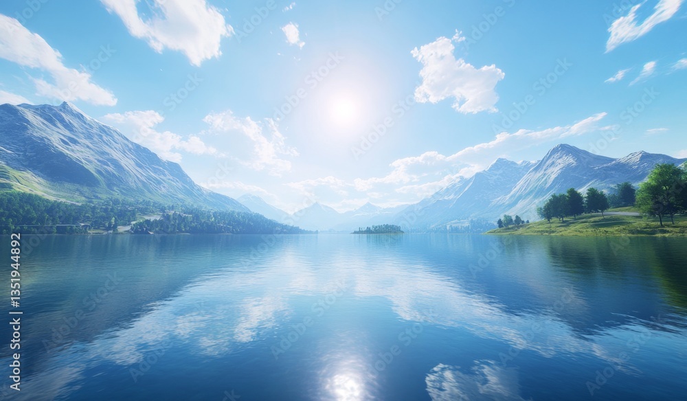 Naklejka premium Calm lake reflecting mountains, sunny sky, idyllic scenery