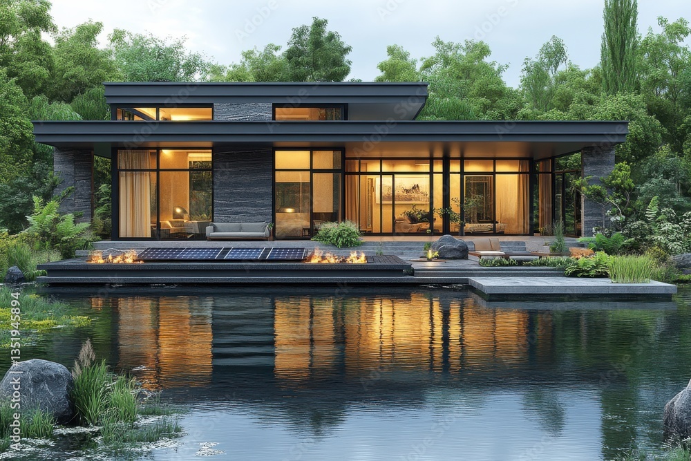 Modern house nestled in lush greenery, reflecting on a tranquil pond Modern house nestled in lush greenery, reflecting on a tranquil pond